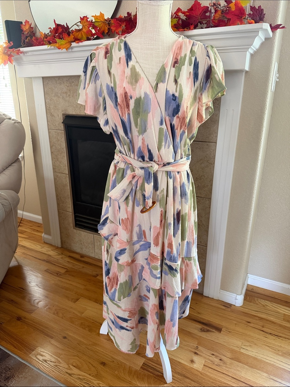 sofia by sofia vergara Pastel Brushstroke Wrap Midi Dress in Pink, Blue, Green